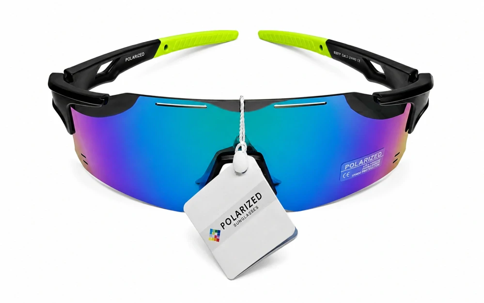 Sportovní polarizační unisex sluneční brýle ZHglasses 9351P se zeleno-modro-fialovým zrcadlovým štítem, černý polorám, UV400, Cat.3