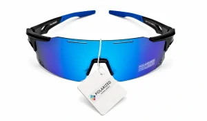 Sportovní polarizační unisex sluneční brýle ZHglasses 9351P s modro-fialovým zrcadlovým štítem, černý polorám, UV400, Cat.3