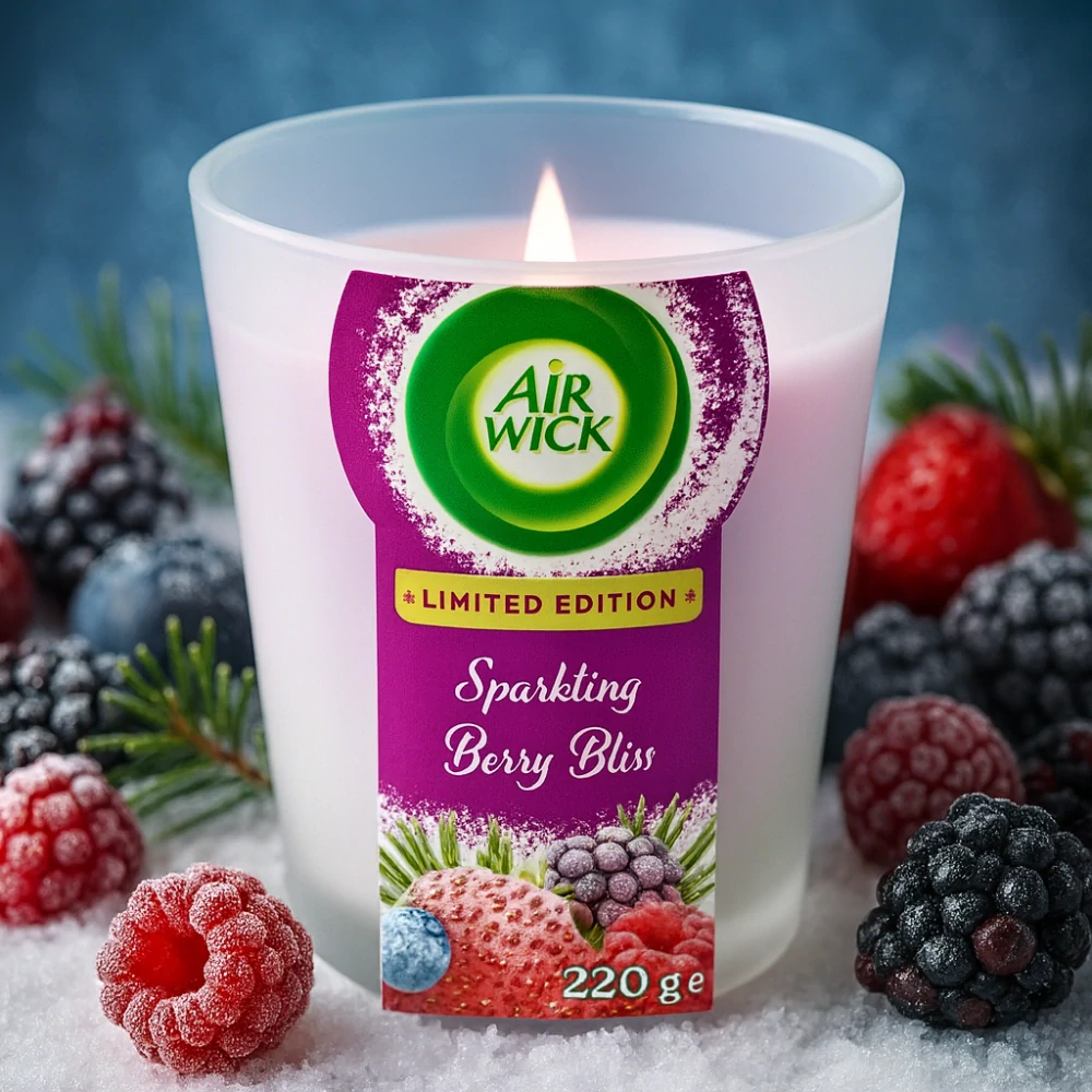 Air Wick Sparkling Berry Bliss, vonná svíčka ve skle 220 g – Zimní ovoce, limitovaná edice