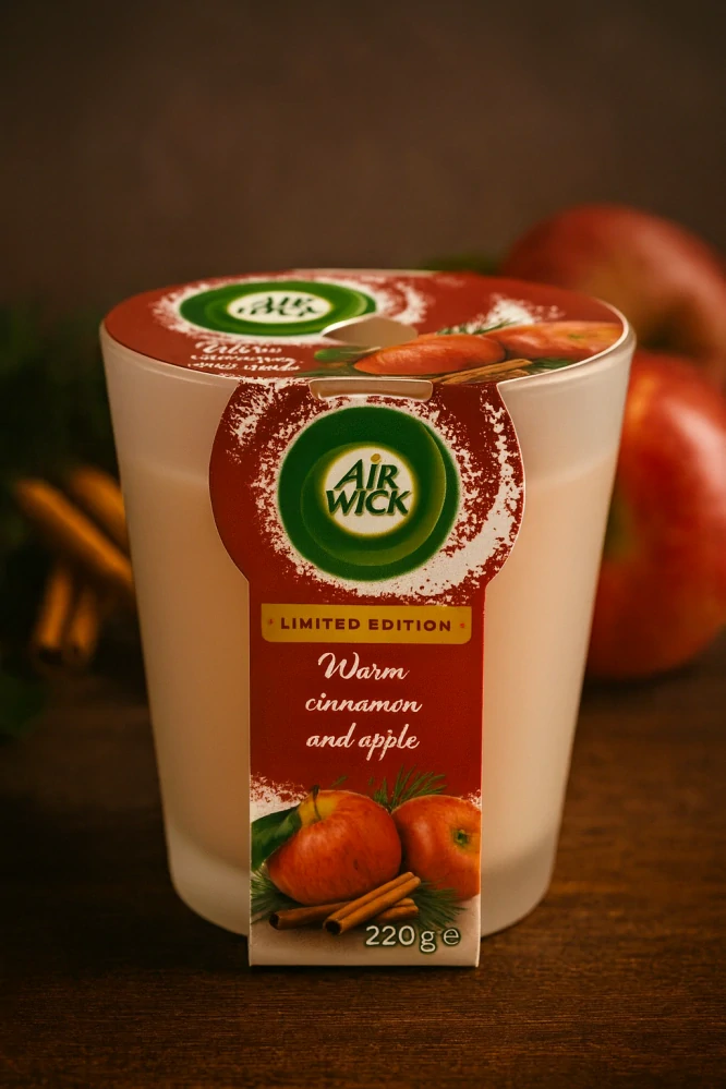 Air Wick Warm Cinnamon & Apple 220 g – svíčka s vůní jablka a skořice, limitovaná edice