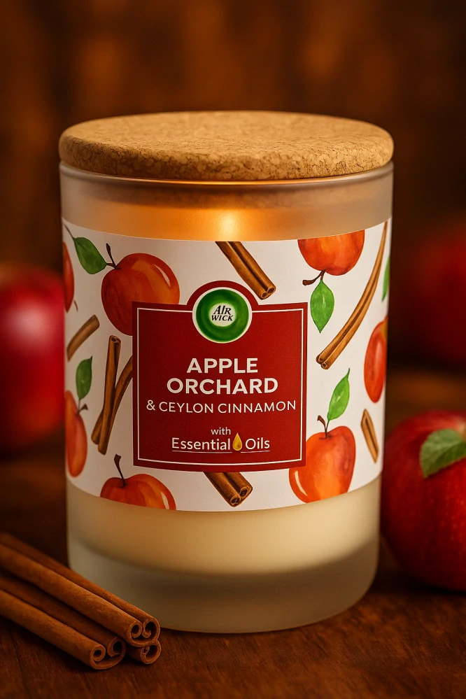 Air Wick Apple Orchard & Ceylon Cinnamon 185 g – aromatická svíčka s esenciálními oleji a korkovým víčkem