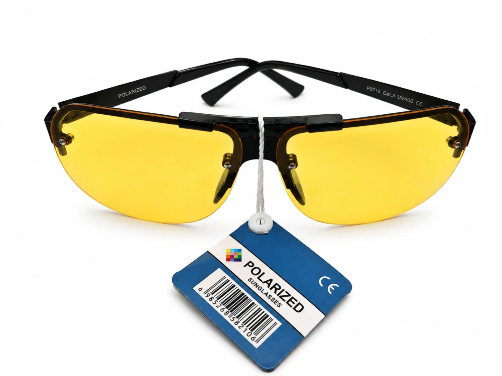 Polarizační sluneční brýle ZHglasses P8718 se žlutými skly, černý kovový polorám, UV400, unisex