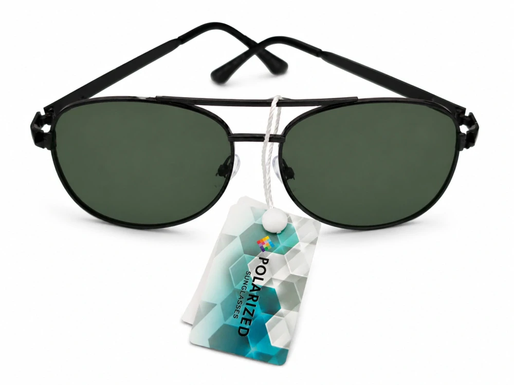 Polarizační unisex sluneční brýle ZHglasses P6953 se zelenými skly, černý kovový rámeček, UV400, Cat.3