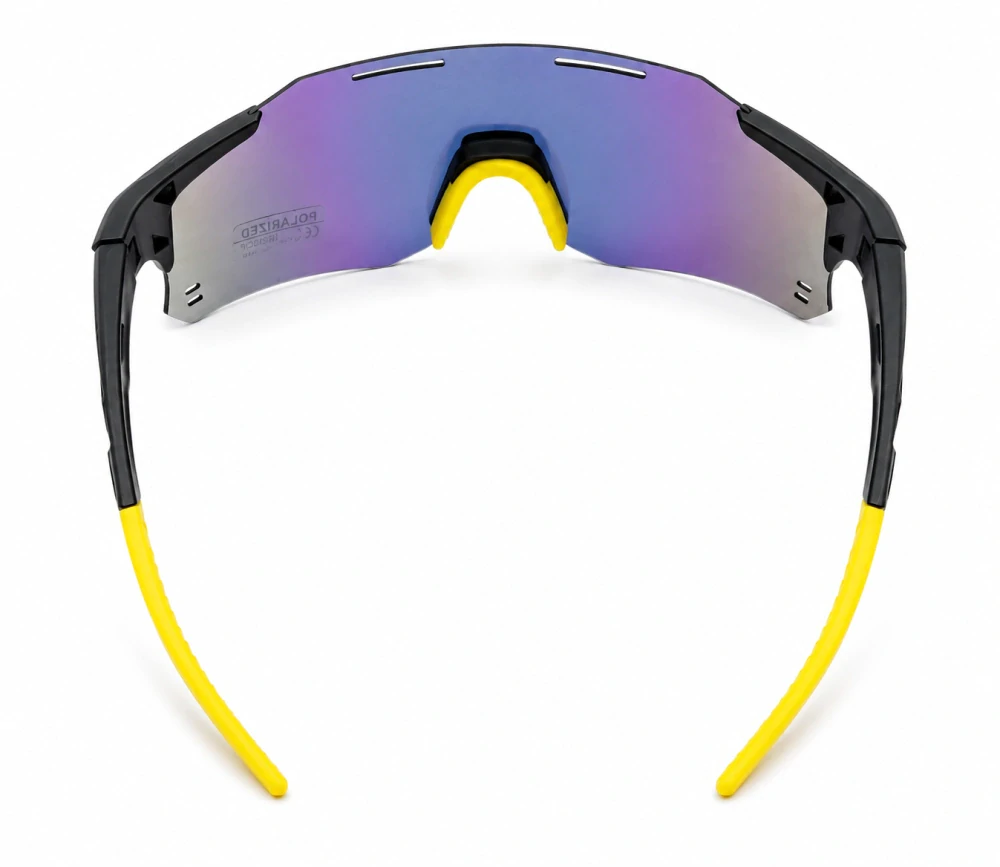 Sportovní polarizační unisex sluneční brýle ZHglasses 9351P se žluto-modrým zrcadlovým štítem, černý polorám, UV400, Cat.3