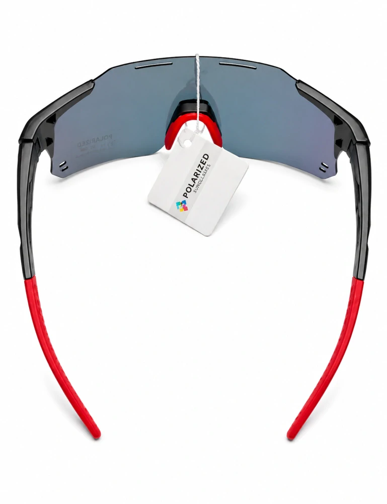 Sportovní polarizační unisex sluneční brýle ZHglasses 9351P s ohnivým červeno-žlutým zrcadlovým štítem, černý polorám, UV400, Cat.3