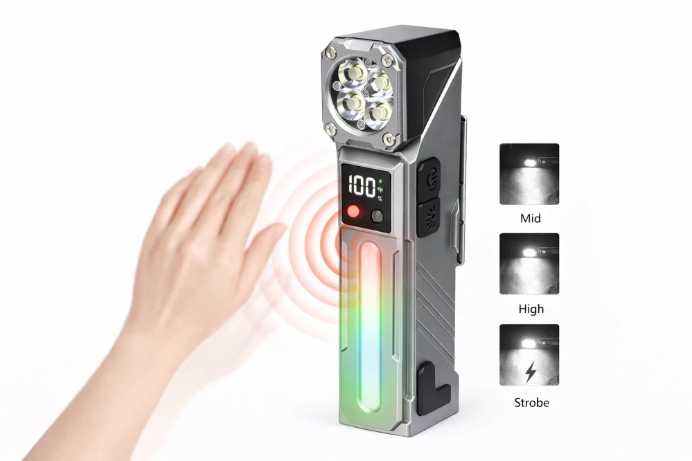 Nakida T-130 Multifunkční LED svítilna s pohybovým senzorem, RGB bočním světlem a magnetem – šedá
