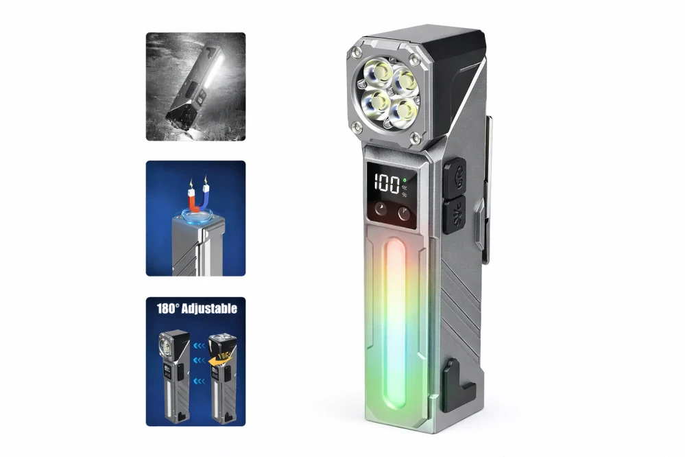 Nakida T-130 Multifunkční LED svítilna s pohybovým senzorem, RGB bočním světlem a magnetem – šedá